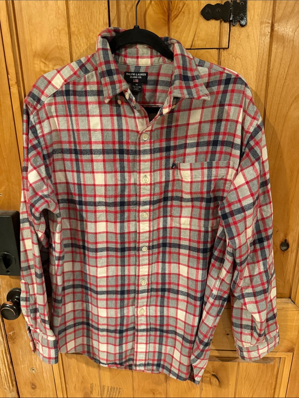 Ralph Lauren Red, Navy & White Plaid Button-Down Flannel Shirt
